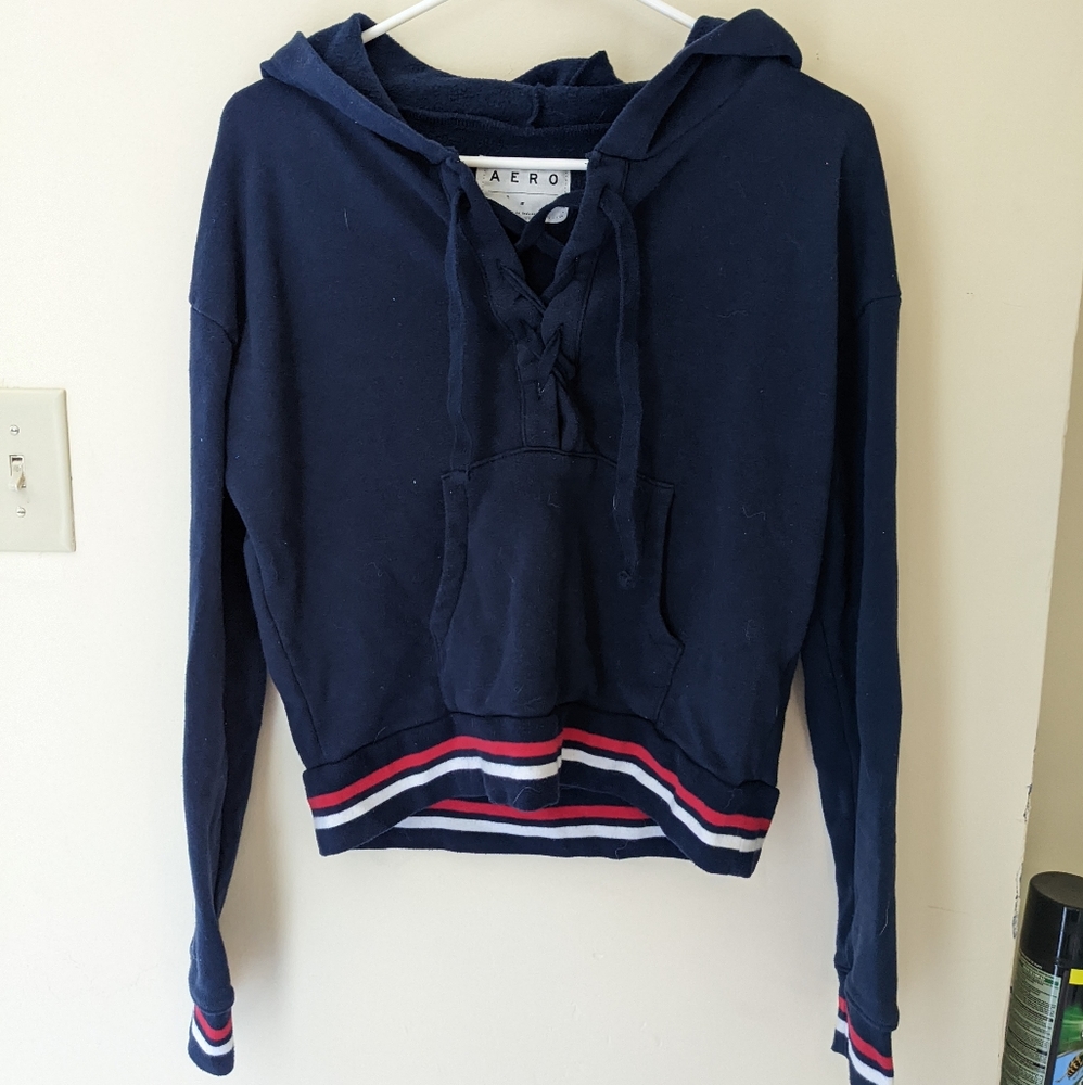 Navy hooded lace front aero top, fleece lined